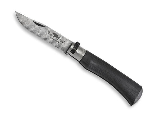 Couteau Pliant Old Bear Total Black Virole Grise Acier Damas